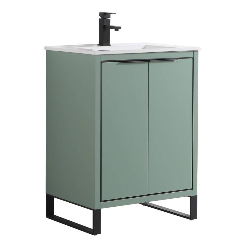 Fine Fixtures Opulence Collection Bathroom Vanity with White Ceramic Sink - 24 Inch - Mint Green - Black Hardware