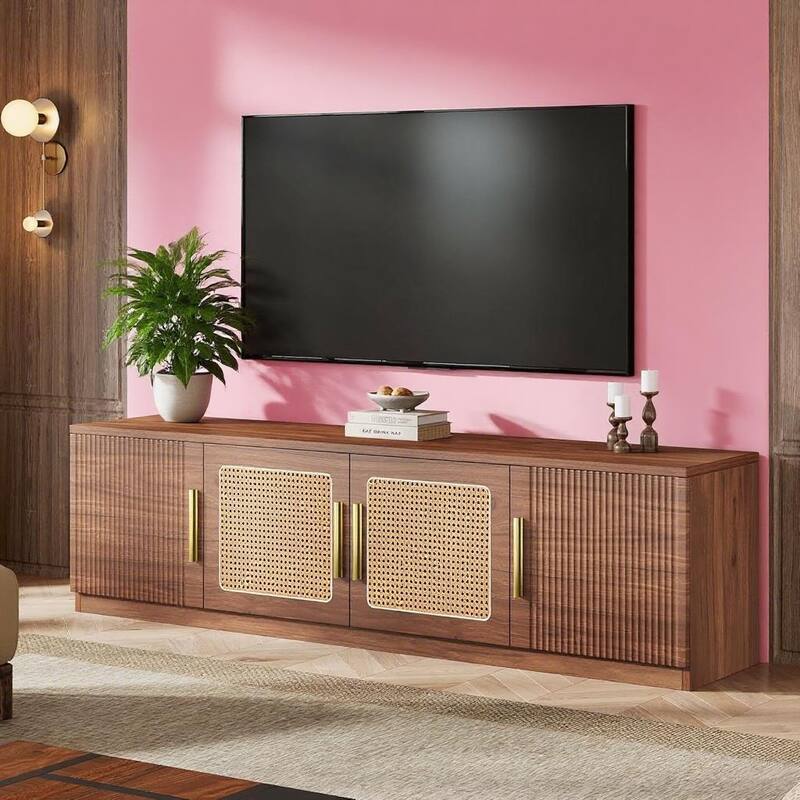 Mid Century Modern TV Stand Walnut Wood Grain with Rattan Weave Six Shelves and Golden Metal Handles - 70.87" x 13.98" x 17.91"