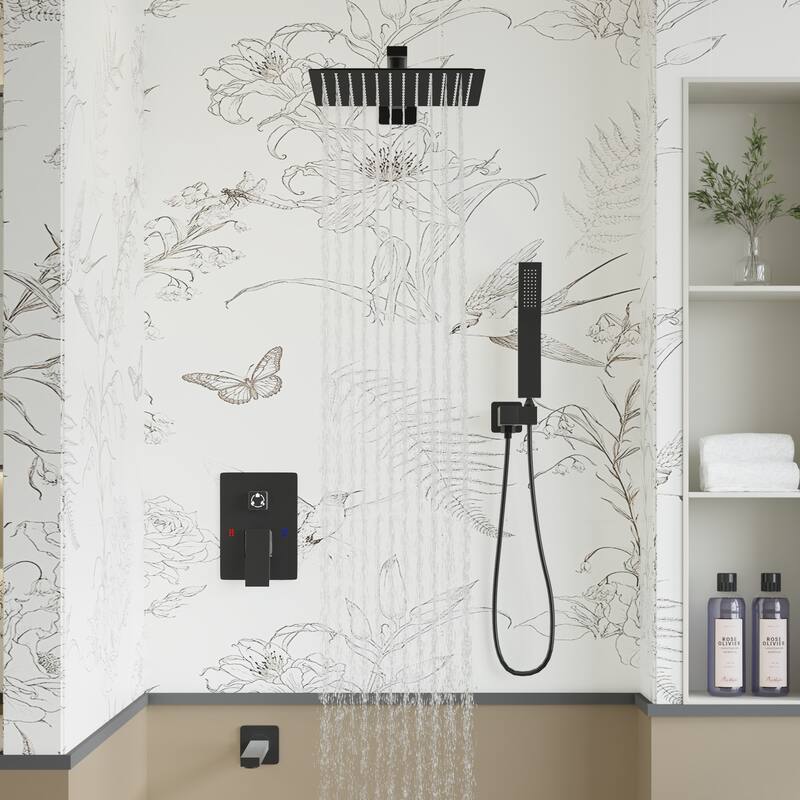 Matte Black Concealed Shower System with 9.7” Rainfall Shower Head, Handheld Shower & Tub Spout