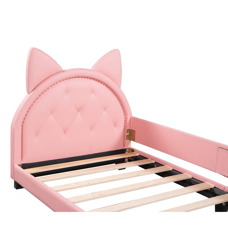 Pink Twin Upholstered Daybed with Carton Ears Headboard, Low-Profile Modern Design
