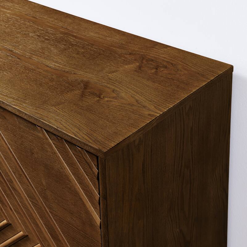 Farmhouse Fluted Buffet Cabinet with Concealed Handle Cabinet Doors for Living Room, Kitchen and Dining Room, Walnut Brown