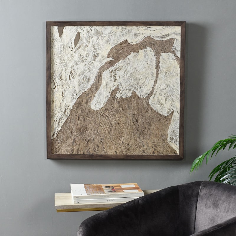 Swept Away Shadow Box II - Abstract Woven Rice Paper Wall Art - Brown Frame
