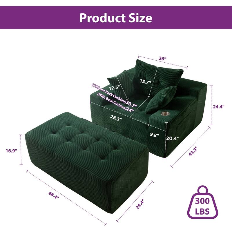 Corduroy Upholstered Memory Foam Sofa With Ottoman Upholstered Bean Bag Couch - 48.4"Lx67.7"Wx24.4"H