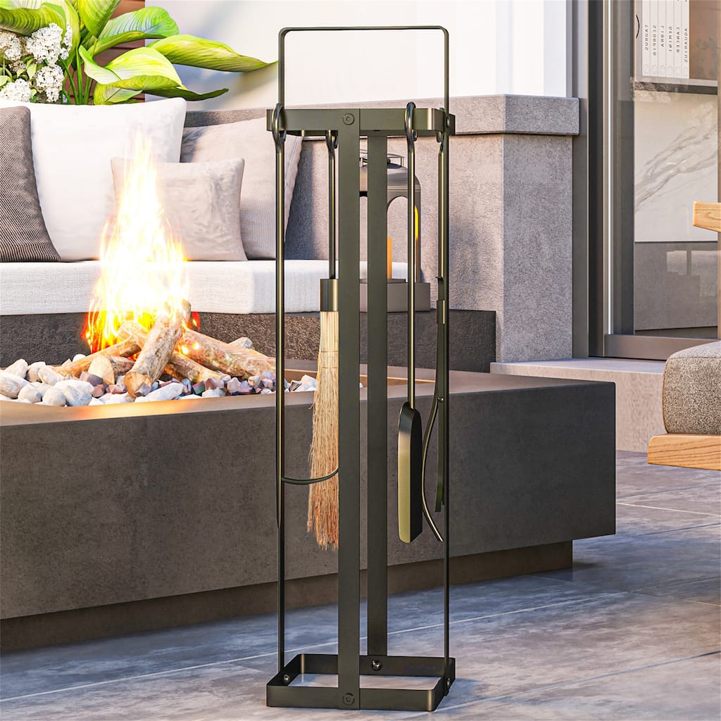 5 Piece Metal Fireplace Tools Set with Brush Broom, Poker, Shovel, Tongs and Stand for Chimney