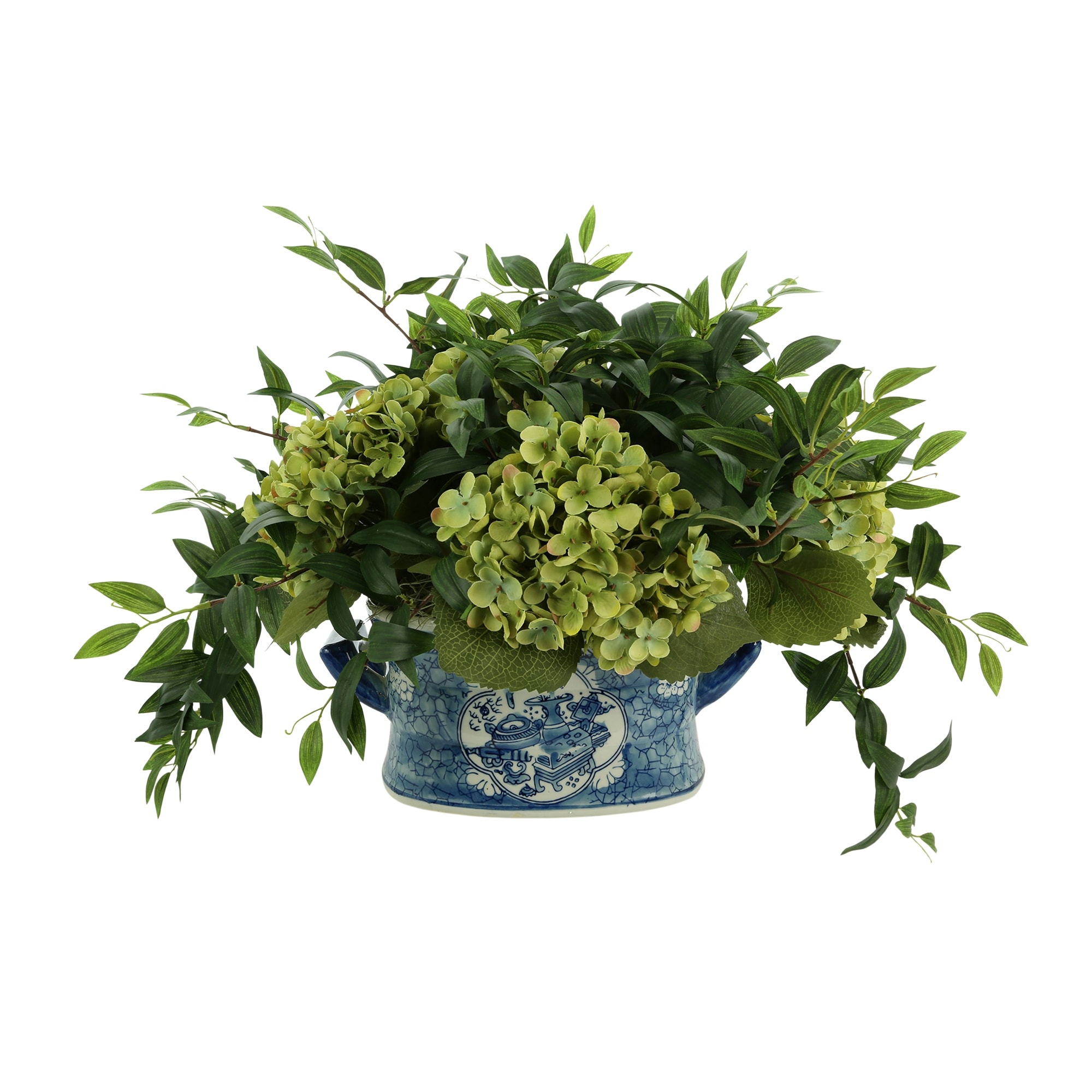 Hydrangea and Ruscus Arrangement in Ceramic Pot - Green, Blue, White
