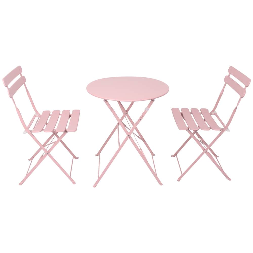 3 pieces Patio Bistro Balcony Metail Chair Table Set-Pink