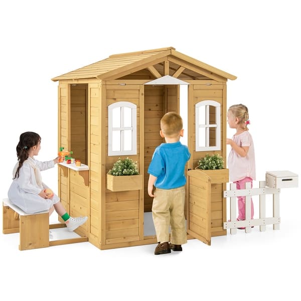 slide 2 of 9, Natural Fir Wood Kids Playhouse with White Windows, Bench and Flowerpot Holders - 80.5" L x 47" W x 55" H Natural-White