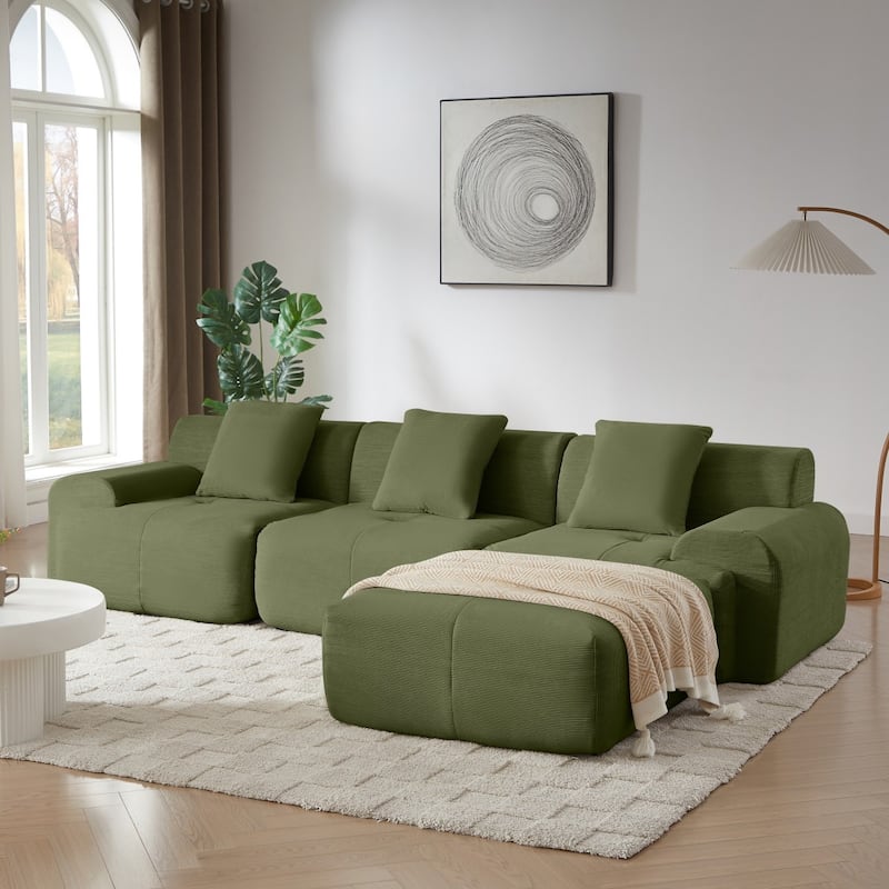113" Modern L-Shaped Corduroy Modular Sectional Sofa with Movable Ottoman