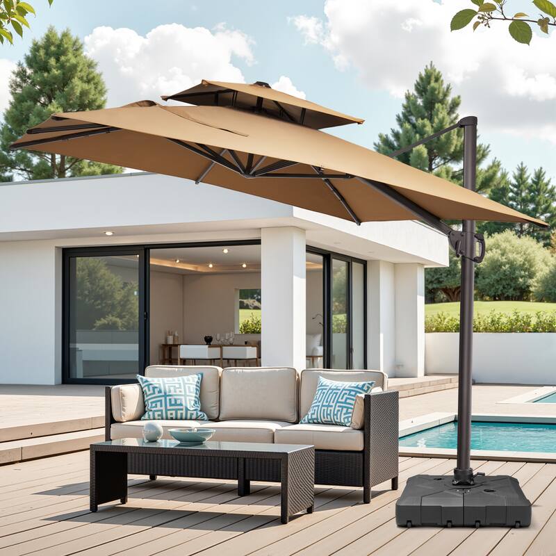 Pellebant 10 ft Square Patio Cantilever-Offset Umbrella 360 Degree Rotation with Wheel Base - Tan