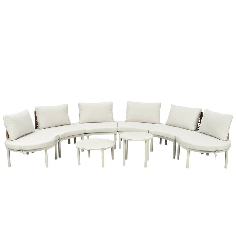 6/8-Piece Half Moon PE Wicker Patio Sectional Set with Dual Coffee Tables