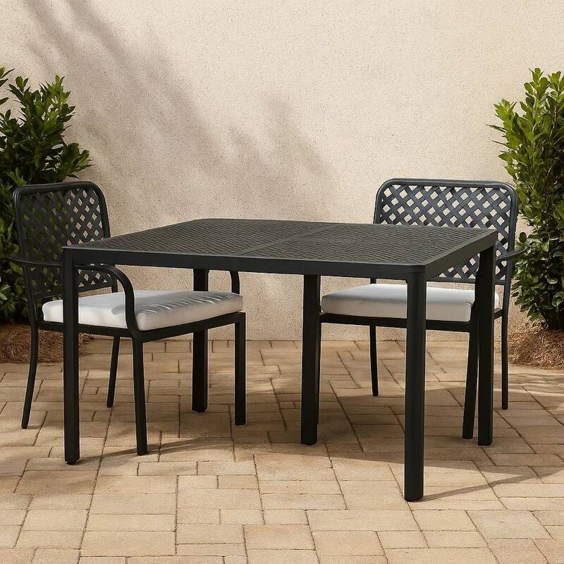 Riley Outdoor Dining Table, Square 61 Inch Matte Black Metal Lattice