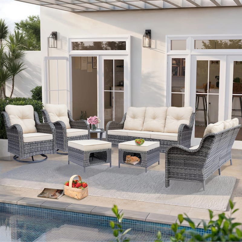 Gray Wicker Rattan Outdoor Patio Furniture Set Swivel Chair with Cushion - 7 Pieces - Beige