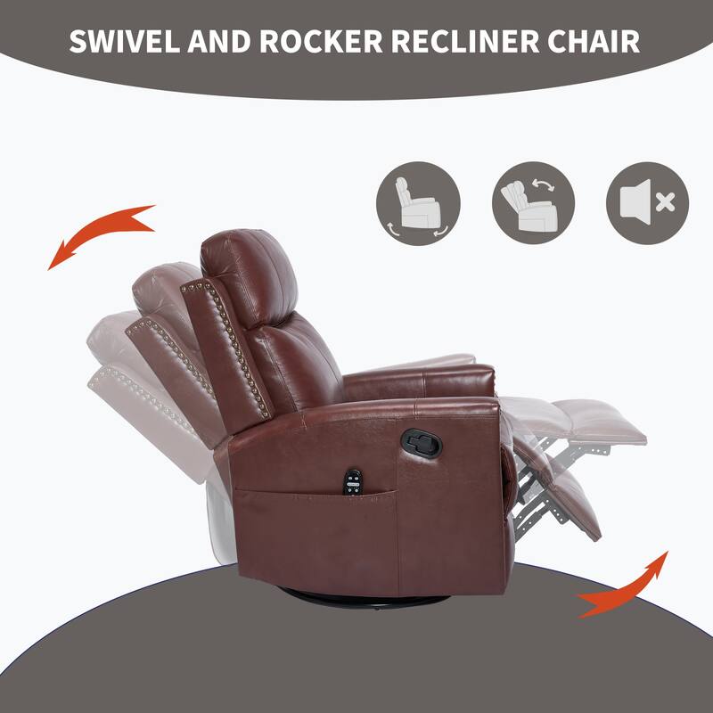 One Piece Genuine Leather Recliner Chair with Massage Heat Rocker and Swivel