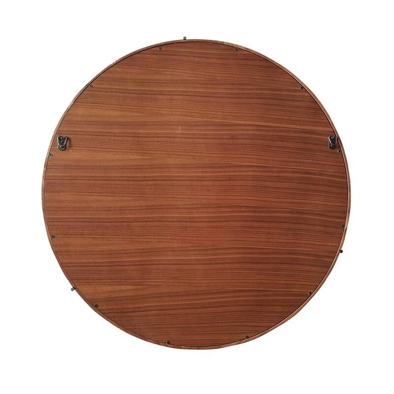Mid-Century Modern Round Accent Mirror - Brown Walnut Wood & Veneer