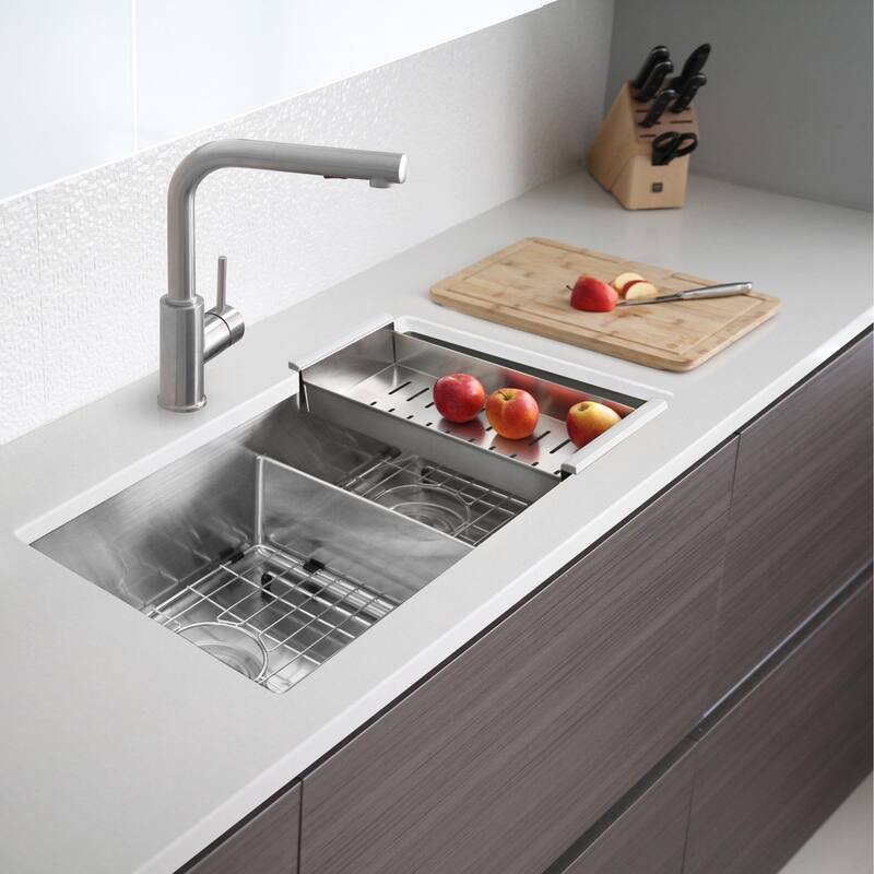 STYLISH 32 L inches x 18 W inches Stainless Steel Double Basin Low Divider Undermount Kitchen Sink with Grids and Strainers