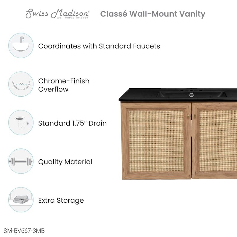 Classe 36 In. Brown Oak Wall Hung Bathroom Vanity With Black, 3-Hole Ceramic Sink Top