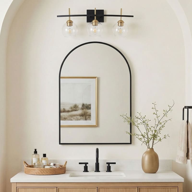 3 Light Industrial Vanity Light Matte Black with Antique Copper Accents Clear Tube Glass Shades