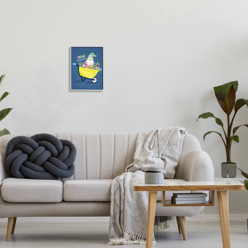 Stupell Bloom Happiness Phrase Yellow Flower Wagon Gnome Framed Wall Art - Blue