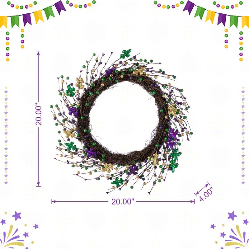 Glitzhome 20"D Mardi Gras Berry & Fleur-de-Lis Artificial Wreath