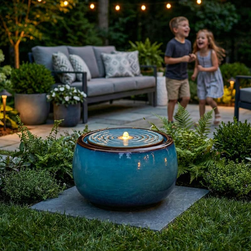 Round Blue Ceramic Water Floor Fountain with LED Light and Pump