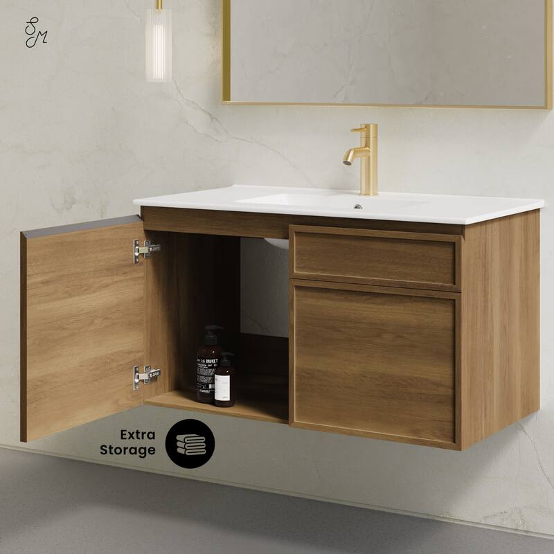 St. Tropez 36" Wall-Mounted Bathroom Vanity In Brown Oak With Sink Top - 36