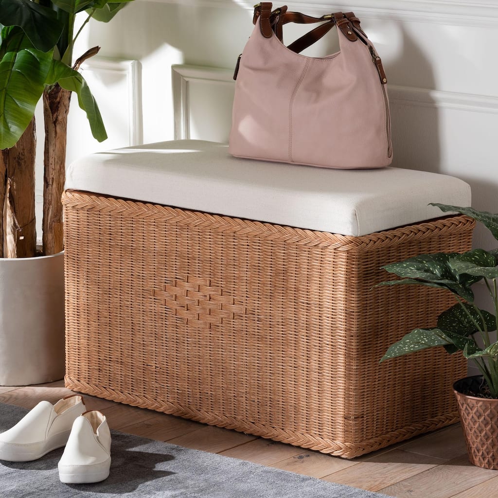 Eamon Braided Natural Rattan Storage Bench with Lift-Top - Coastal Boho Chest for Bedroom or Living Room, 31" Rectangle, Brown