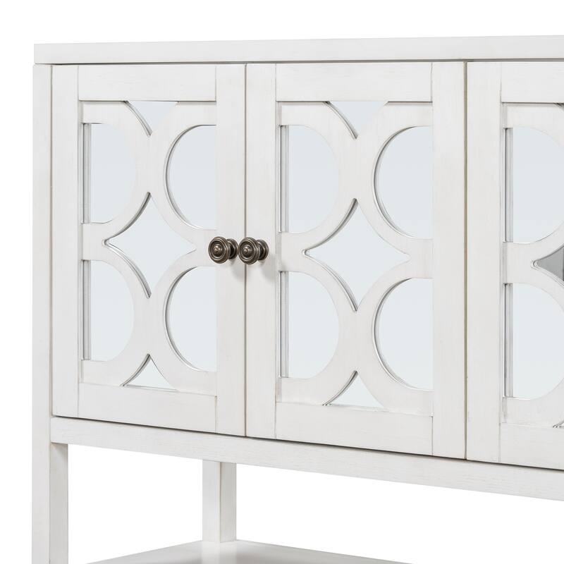 60" Retro Wooden Console Table Storage Cabinet with Mirrored Doors, Spacious Shelves and Acacia Wood Legs