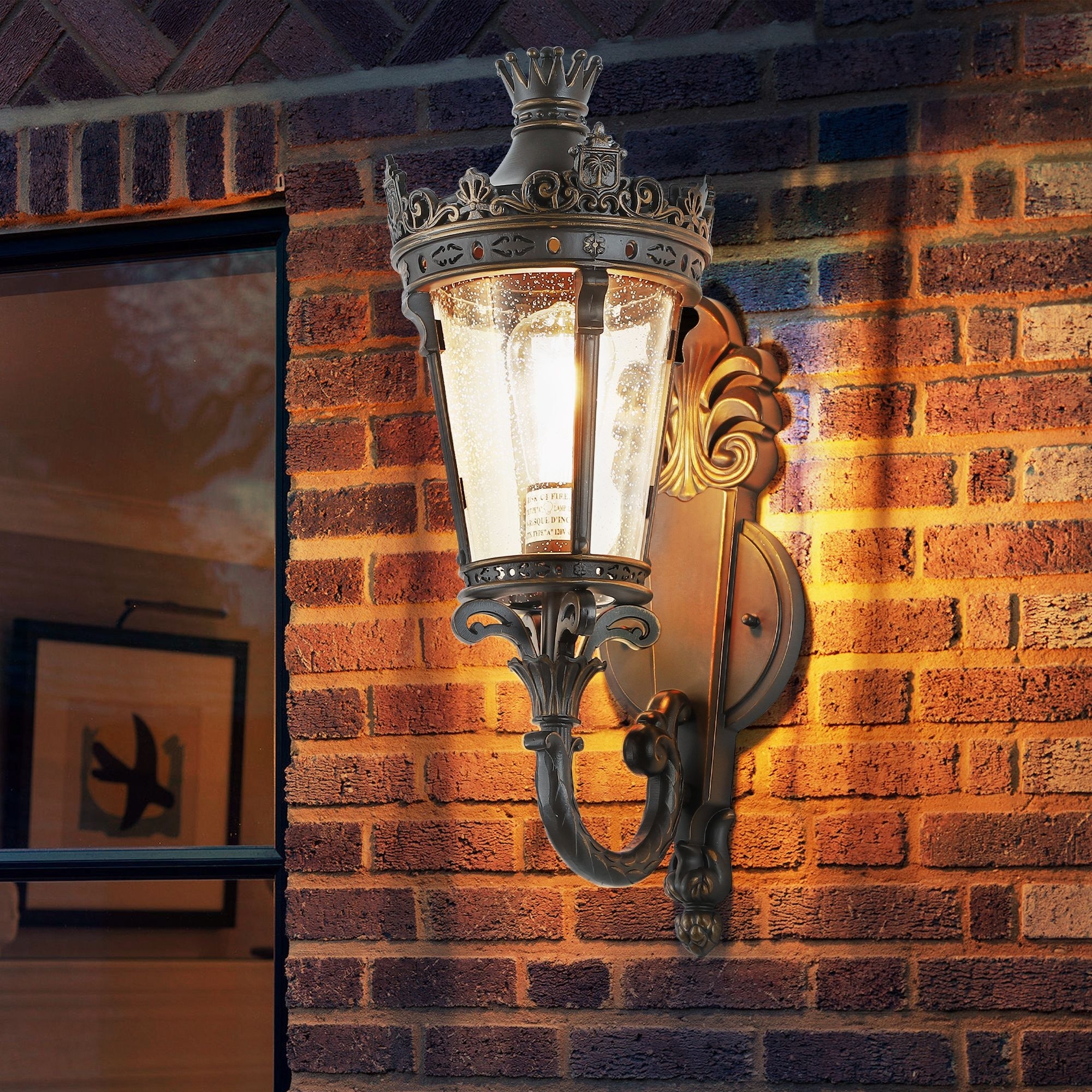 21"(H) Vintage Outdoor Wall Lantern, Waterproof Exterior Wall Sconce with Crown Top and Clear Glass for Patio, Garden(No bulb)