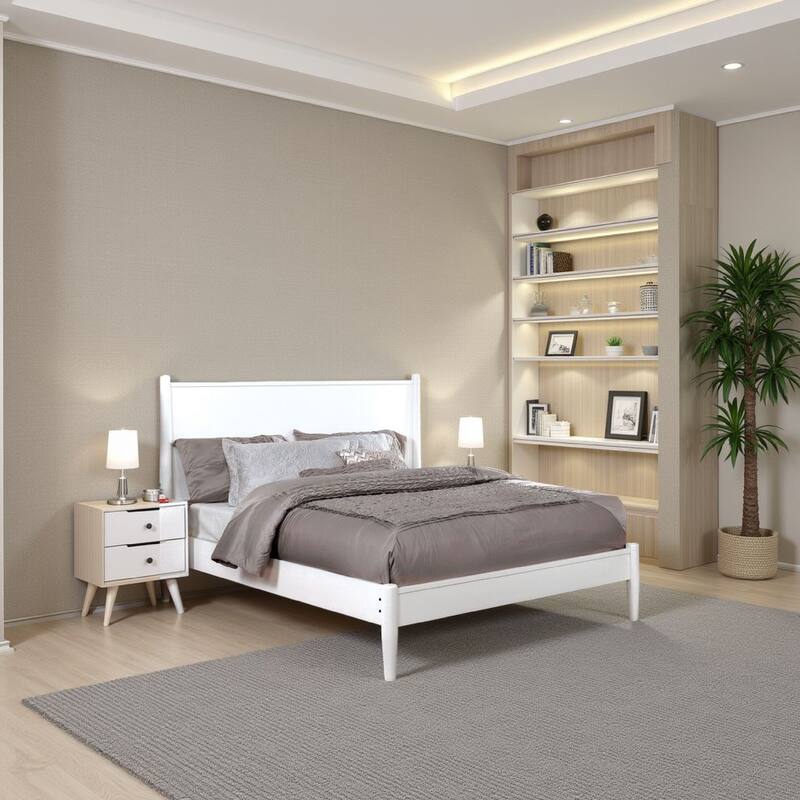 Transitional Wooden Full Bed with Round Tapered Legs and Headboard, White