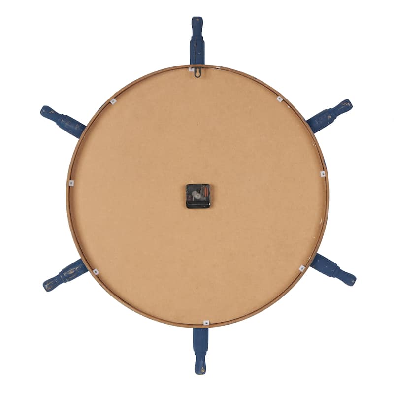 Wood Ship Wheel Decorative Wall Clock with Brown Rope Frame and Blue Spokes - White - Roche River Decor