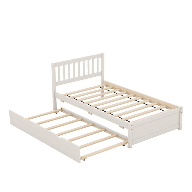 Twin Size Wooden Platform Bed Frame with Trundle Bed & Headboard