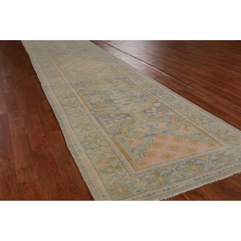 Hand Knotted Oriental 100% Wool Carpet Transitional Geometric Greys & Charcoal Oushak Runner Rug - 12' 1'' X 3' 1''