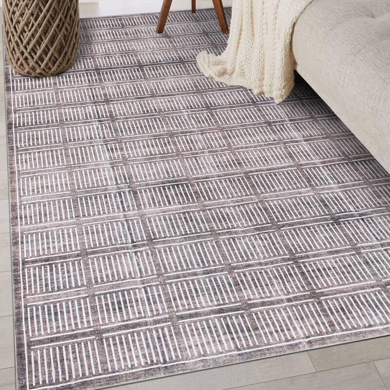 World Rug Gallery Bohemian Stripe Lines Washable Non Slip Area Rug - Brown - 3'x5'
