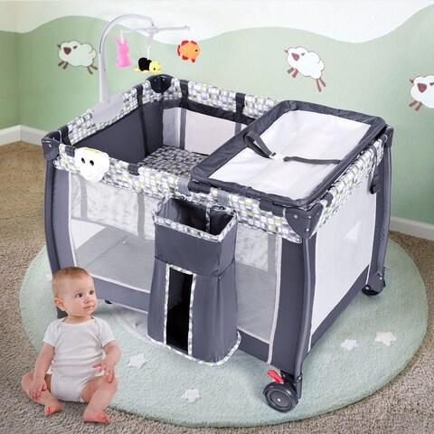 Costway Foldable Travel Baby Playpen Crib Infant Bassinet Bed Mosquito Net Music w/ Bag Grey