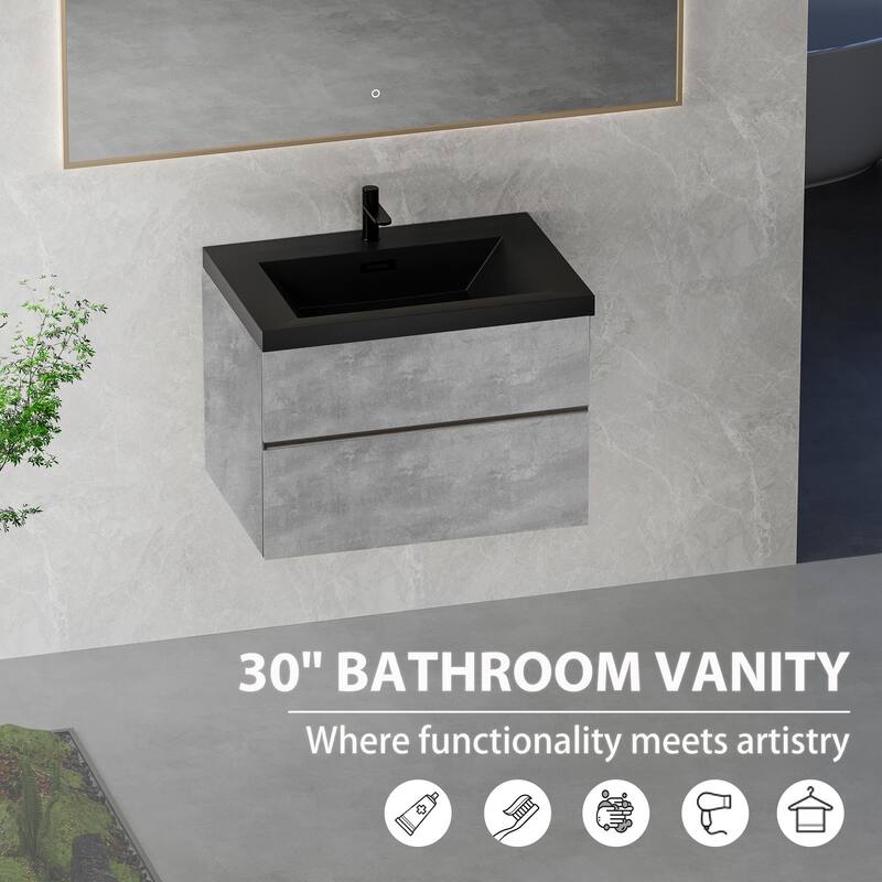 Modern Wall-Mounted Bathroom Vanity in Gray with Black Quartz Sand Top