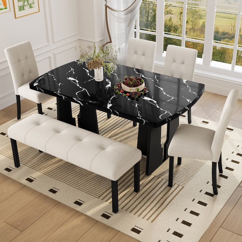 Dining Table Set for 6, Faux Marble Table with 4 Upholstered Chairs & Bench, 6-Piece Modern Kitchen Table Chairs Set