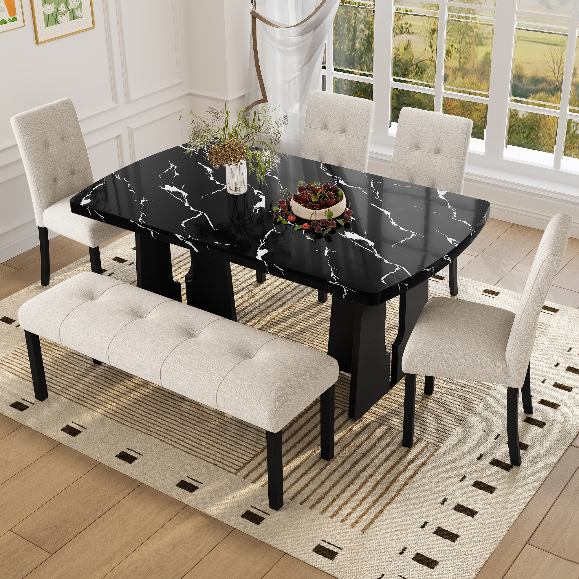 Roomfitters 6 Piece Modern Dining Table Set, 63 Inch Faux Marble Table with Bench and Upholstered Chairs