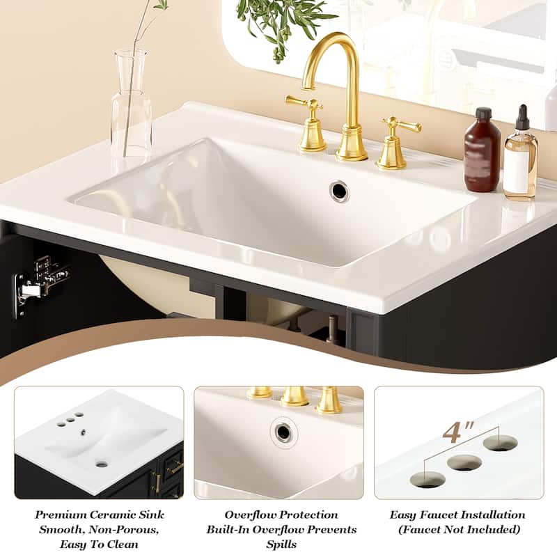 24" Modern Bathroom Vanity with Ceramic Sink, Soft-Close Door, 3 Drawers, Gold Handles, and Door-Mounted Rack