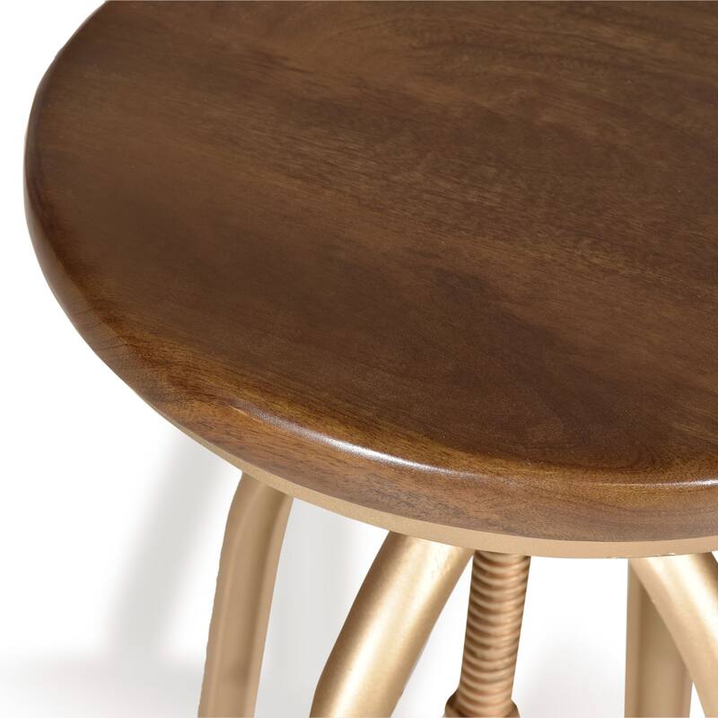 23" Brown and Gold Adjustable Stool with Circular Wooden Seat