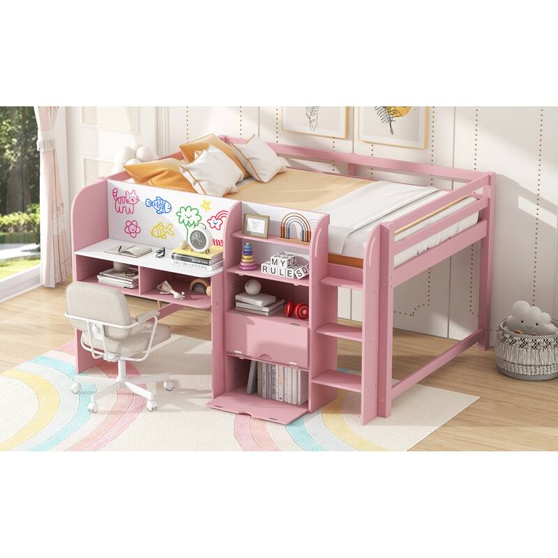 Full Size Low Loft Bed with Storage, Desk, Bookcase, and Graffiti Whiteboard for Kids