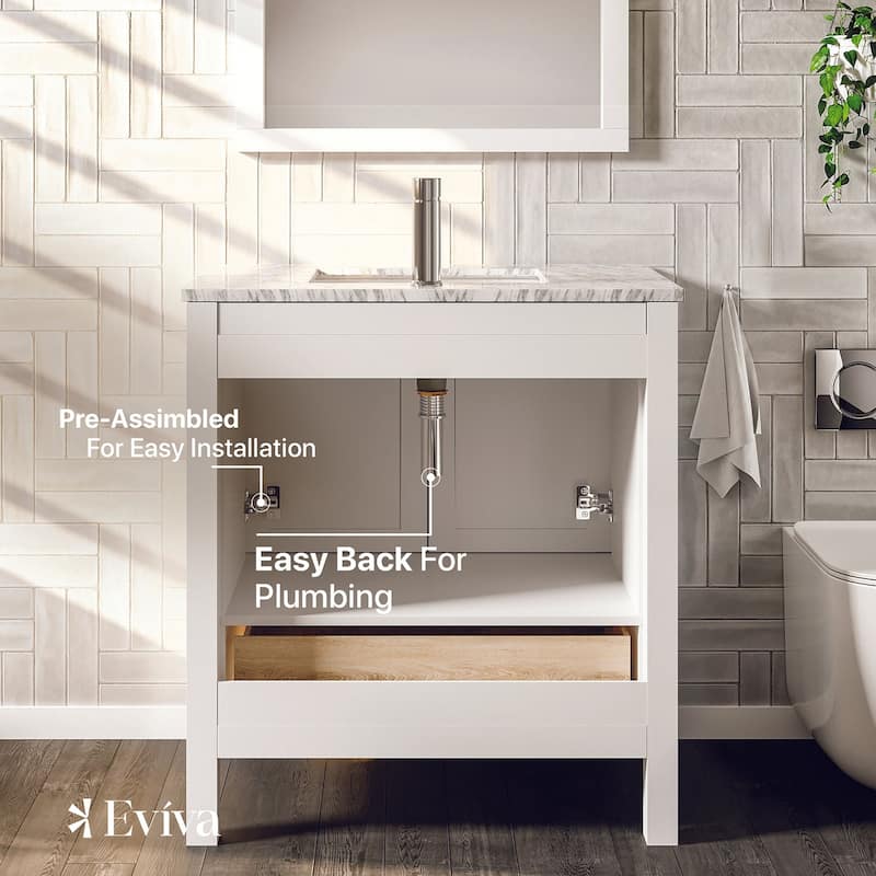 Eviva London 30"W x 18"D White Bathroom Vanity with Carrara Quartz Countertop and Undermount Porcelain Sink