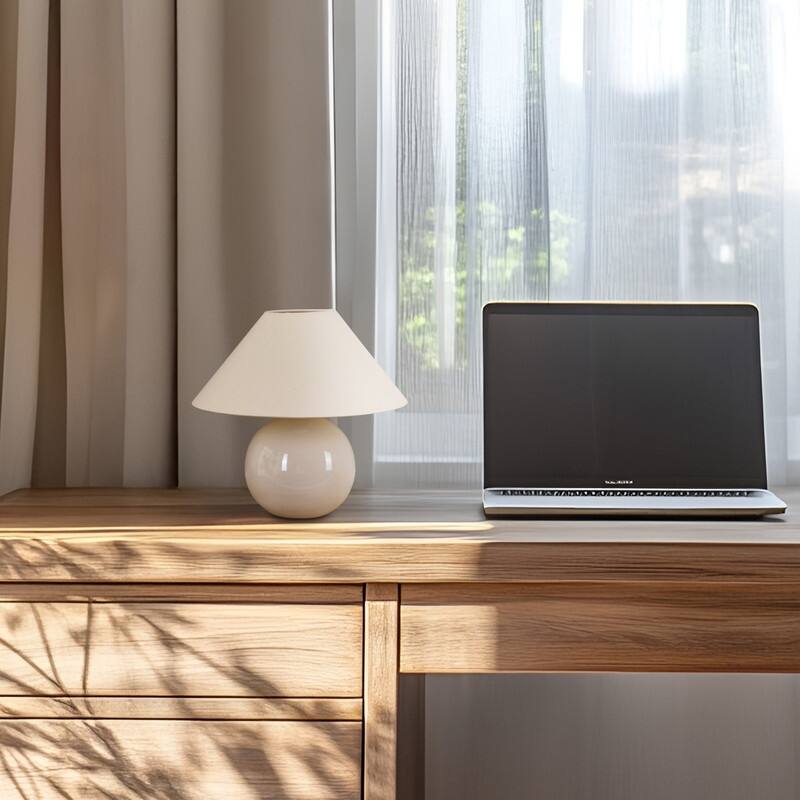 Brightech Fiona LED Off-White Cream Ceramic Midcentury Round Globe Bedside Nightstand Desk Lamp with Cream Cotton Empire Shade