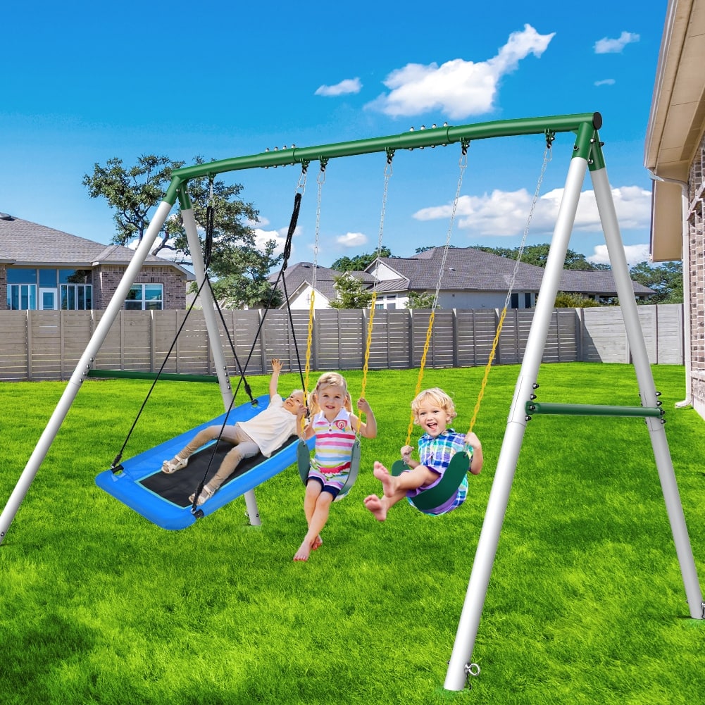 Hapfan 600lbs Heavy Duty Kids Metal Swing Set for Outdoor Backyard with 1 Platform Swing, 2 Belt Swings