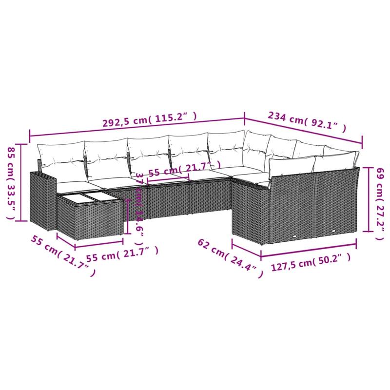 vidaXL 10 Piece Patio Sofa Set with Cushions Black Poly Rattan - 24.4" x 24.4" x 27.2"