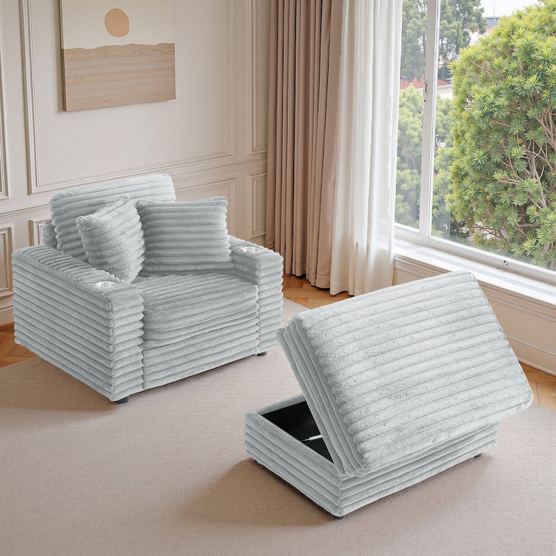 Modern Oversize Plush Corduroy Accent Chair Chaise Lounge with Storage Ottoman