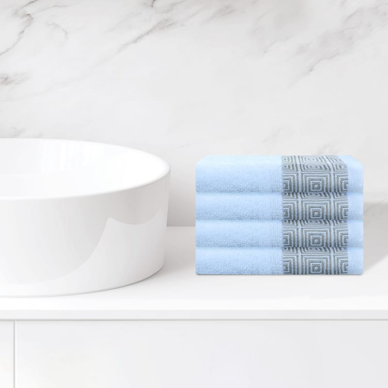 Geometric Patterns Washcloths Set, Cotton Bath Towels, Low Linting Face Towels for Bathroom, Hotel, Spa 13" x 13" - Blue - 4 Pack