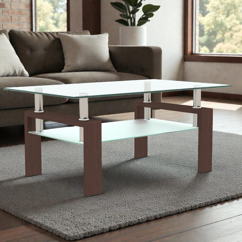 Rectangle Glass Coffee Table with Storage Shelf, Modern Clear Glass Coffee Table with Metal Frame