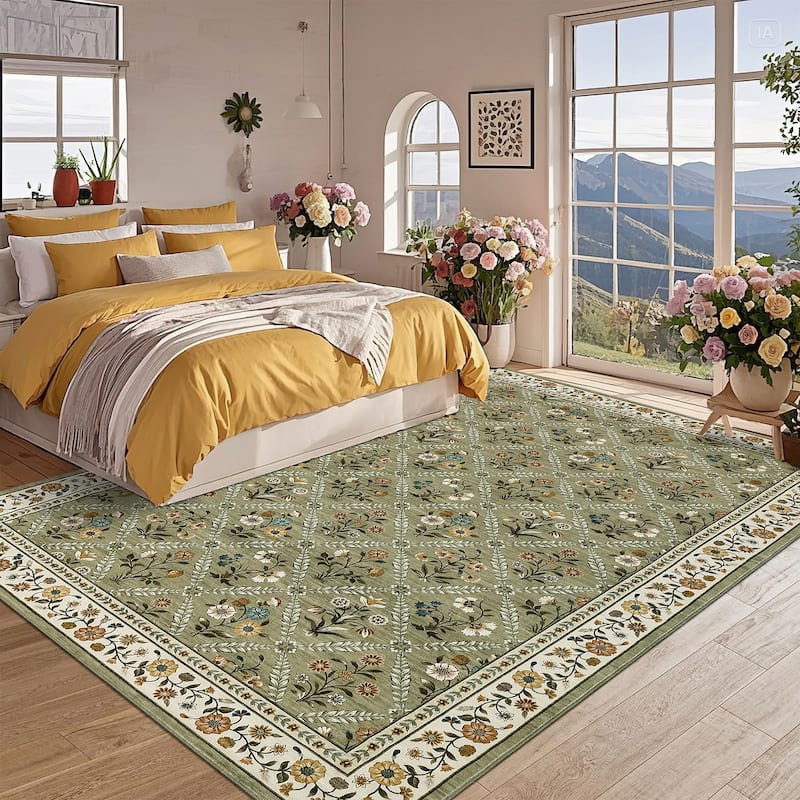 Floral Area Rugs for Living Room Bedroom Soft Farmhouse Washable Rug Non-Slip Low Pile Accent Carpet