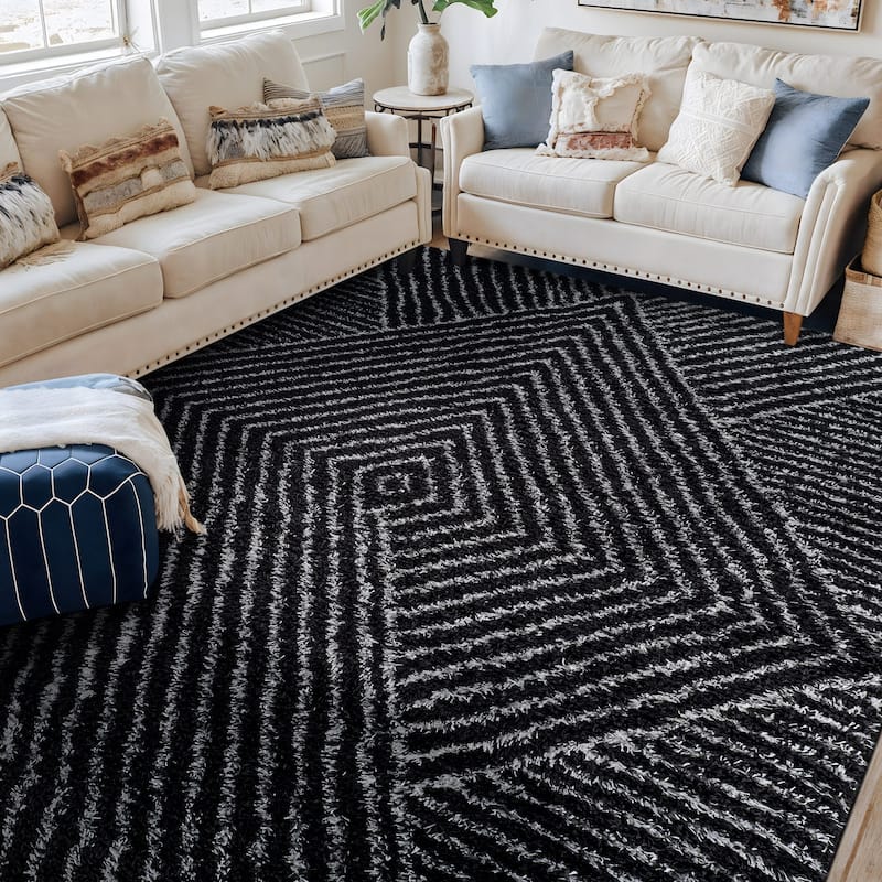 Minimal Stripe Geometric Shag Rug - Anthracite Dark Gray - Medium Pile - Cozy & Modern