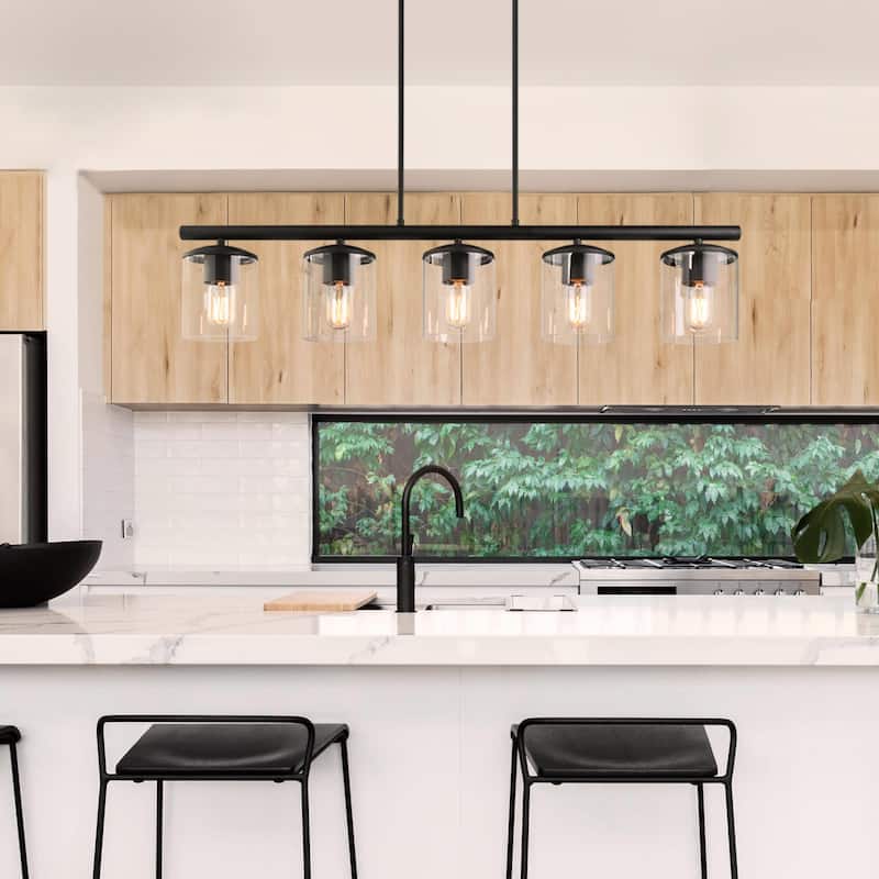 Farmhouse 5-Light Linear Black Chandelier with Clear Glass for Kitchen Island - L37"xW4.7"xH44.5"
